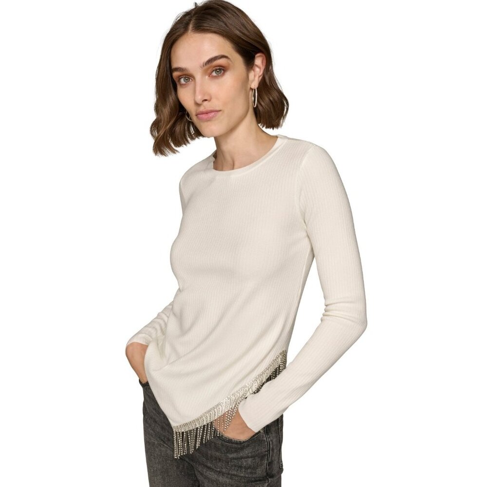 KARL LAGERFELD Asymmetrical Crystal-Trim Ivory Sweater Size S MSRP $119 - Picture 2 of 5